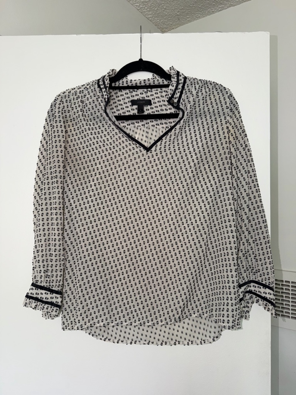 J. Crew Black and White Printed V-Neck Blouse
